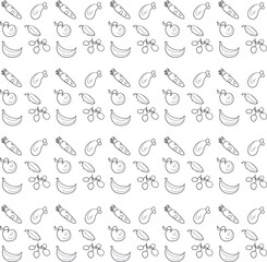 There is a cluster of vegetables and fruits on the screen. Among them are an apple, a cherry, a carrot, a banana, and so on.