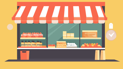 Colorful Market Front Vector Illustration with Red Striped Awning and Displayed Goods - Perfect for Marketplace, Retail, Small Business, and Shop Designs
