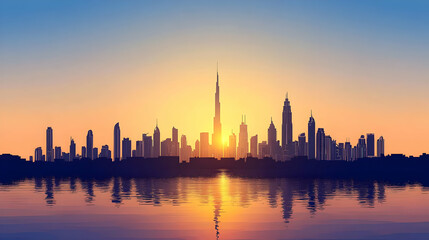Fototapeta premium Modern metropolis cityscape silhouette reflecting in the water at sunset.