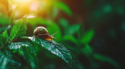 Snail Crawling on a Green Leaf with Dewdrops in a Lush Garden during Golden Sunrise