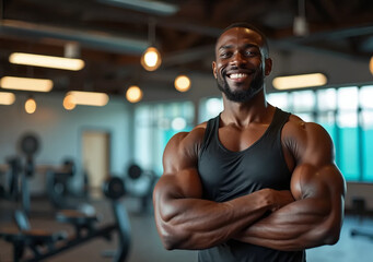 Fototapeta premium African Man Posing in the gym. Confident and smiling black man. Fitness and Strength.