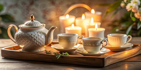 Fototapeta premium A delicate white teapot and teacups rest on a wooden tray, illuminated by the warm glow of candles, creating a tranquil and inviting scene.
