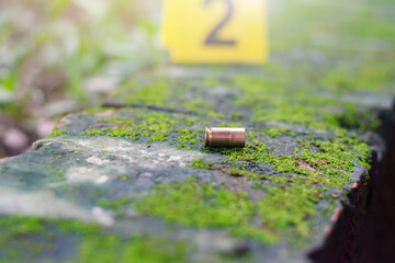Pistol bullet shell and blurred number 2 on yellow paper on cement floor which has bright green moss growing on it, concept for investigation and crime by using gun, soft focus.
