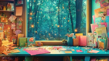 Fototapeta premium A vibrant scrapbookera??s desk with colorful papers and stickers, a window view of a forest with fireflies and shooting stars, and the soft beats of instrumental hip-hop.