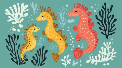 Three seahorses with different colors and patterns, with seaweed and bubbles in the background, on a turquoise blue background.