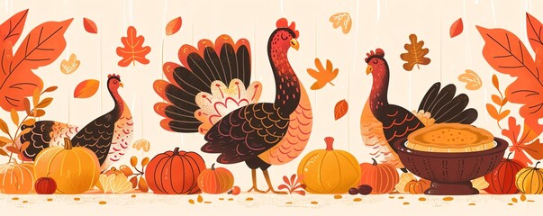 Obraz premium Pumpkins, Thanksgiving dinner, autumn leaves, turkeys, family gathering, cornucopia, pies, flat design illustration