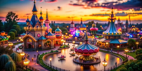 Fototapeta premium Enchanting view of a whimsical theme park with vibrant attractions and magical landscapes at dusk