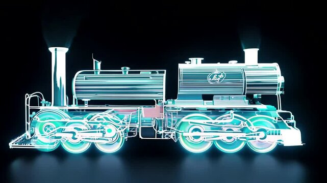 Steam locomotive 3D retro model  , bright neon lights on a black background. Generative AI
