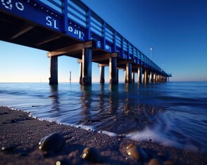 Obraz premium Pier at sunset with vibrant colors, serene and expansive, Coastal, Warm hues, Photograph, Evening calm