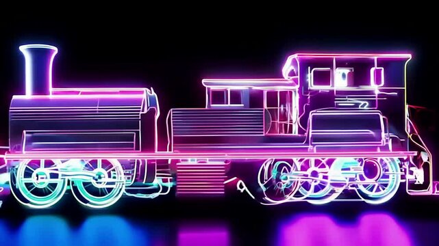 Steam locomotive 3D retro model  , bright neon lights on a black background. Generative AI
