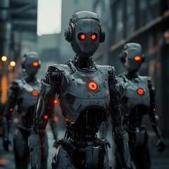 Fototapeta premium 3D Dystopian Robots Icon: Futuristic and Ominous Machines Illustration Logo