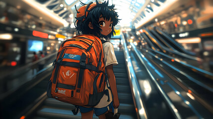 Anime Character with Backpack Ascends Escalator in a Modern Shopping Mall, Blurry Background with Bokeh Effect