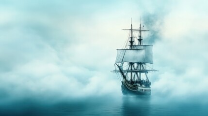 Fototapeta premium Mysterious Ship Sailing Through Foggy Waters