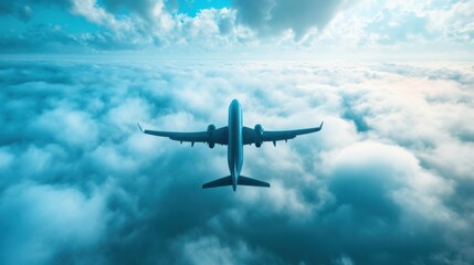 Naklejka premium Airplane Flying Above Soft White Clouds