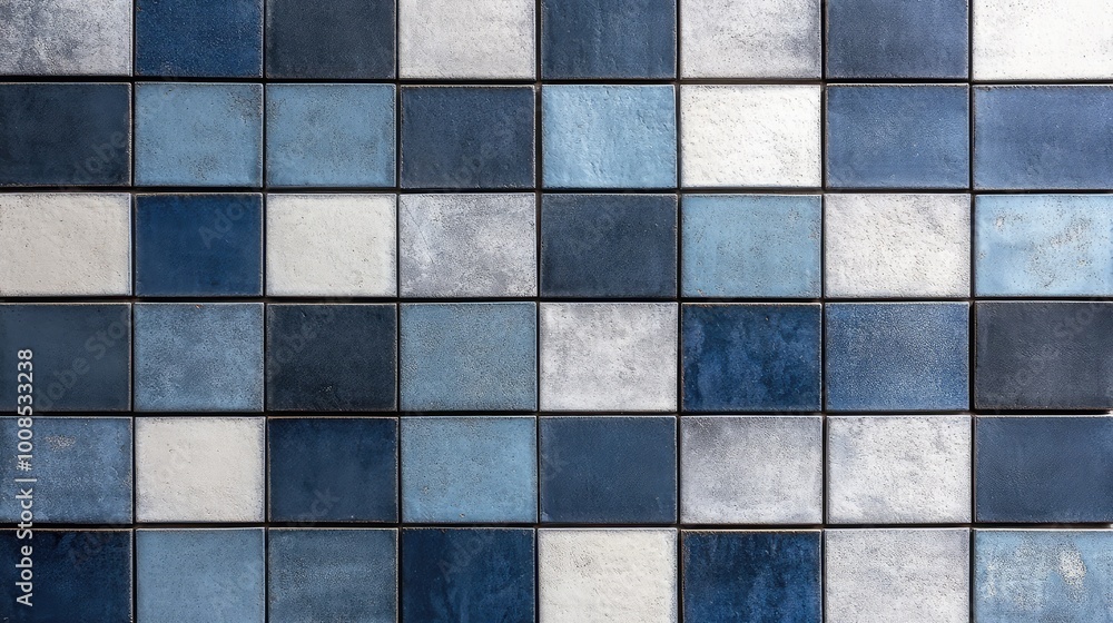 Poster rectangular tiles arranged in a staggered, brick-like pattern, alternating between shades of blue an
