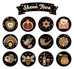 Rosh Hashana icons set for Shana Tova in the style of freehand flat design. Black vector labels with muted colors 