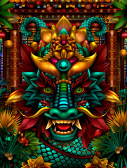 Obraz premium A colorful dragon with a green mouth and yellow eyes. The dragon is surrounded by a jungle scene with palm trees and flowers