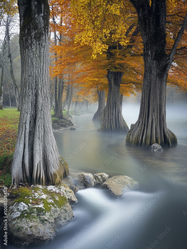Poster Tranquil autumn scene with fog-covered cypress trees and a flowing stream.