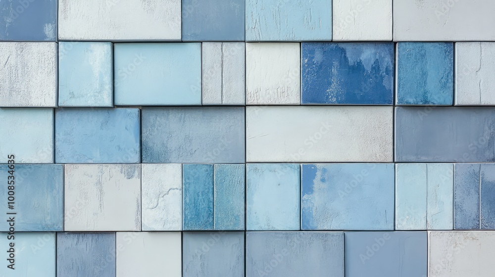 Poster rectangular tiles in varying shades of light blue and gray, arranged in a staggered pattern that cre