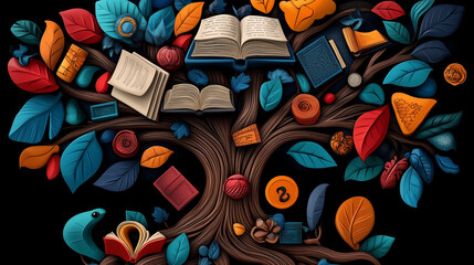 vibrant tree with colorful leaves showcases array of books and symbols, representing knowledge and creativity. intricate design evokes sense of wonder and exploration. 