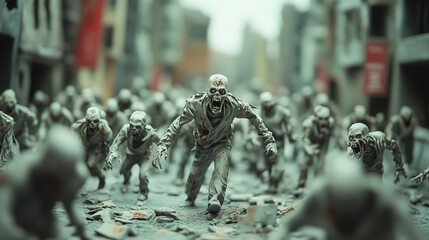 horde of detailed zombie figurines emerges from desolate urban landscape, showcasing their eerie expressions and tattered clothing. scene evokes sense of horror and urgency. 