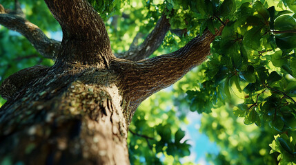 majestic tree with sturdy trunk and vibrant green leaves reaches towards sky, creating serene and peaceful atmosphere. sunlight filters through foliage, enhancing natural beauty. 