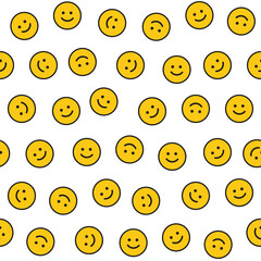 Yellow smile faces seamless pattern. Retro inspired groovy pattern. 