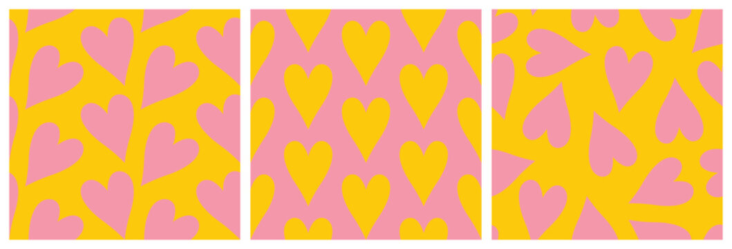 Heart seamless vector pattern collection. Romantic background in retro hippie groovy style. Pink and yellow cute backdrop for Valentine's day. 