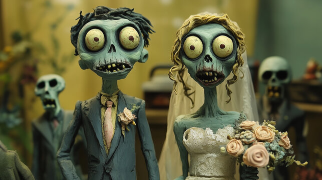whimsical scene featuring zombie couple in wedding attire, showcasing their unique charm and humor. bride holds bouquet, while other zombies are in background. 