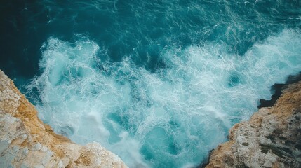 This image captures the power and majesty of the ocean, as waves crash against rocky cliffs, blending the vibrant blue sea with the natural ruggedness of the earth.
