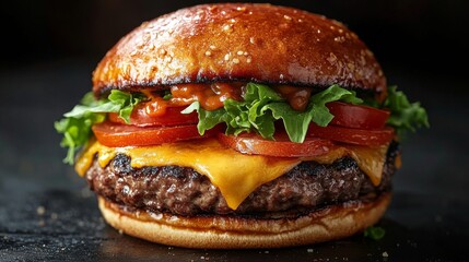 A perfectly cooked cheeseburger complete with fresh lettuce, tomatoes, and cheese, all encased in a golden-brown bun, tantalizes the taste buds.
