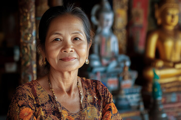 portrait photo of thai woman, front of temple
