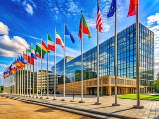 European Court of Justice Building Exterior with Flags and Architectural Details in Urban Setting