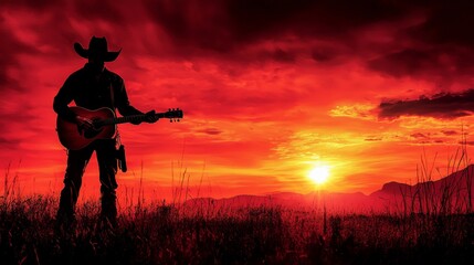 Fototapeta premium Cowboy Playing an Acoustic Guitar at Sunset in a Golden Field, Capturing the Essence of Country Life and Serenity