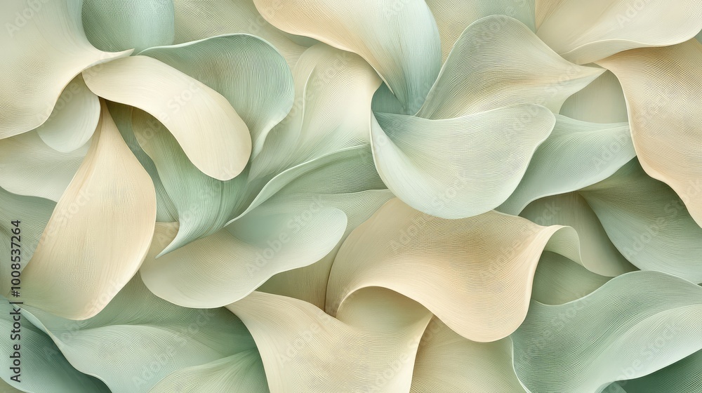 Poster repeating leaf-like shapes in soft green and beige, arranged in a cascading pattern that mimics the 