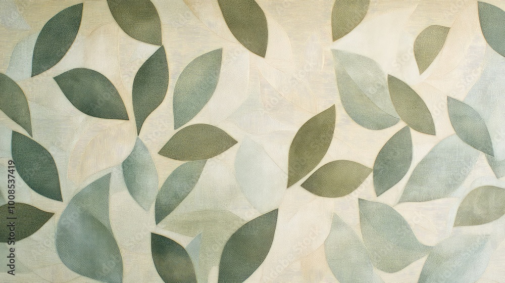 Poster repeating leaf-like shapes in soft green and beige, arranged in a cascading pattern that mimics the 