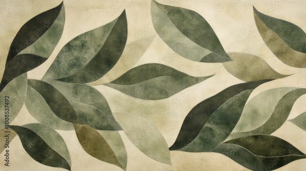 Aufkleber repeating leaf-like shapes in soft green and beige, arranged in a cascading pattern that mimics the 