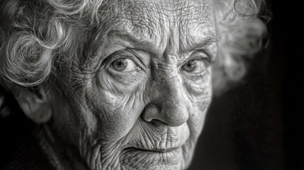 A powerful close-up portrait in black and white of an elderly woman with expressive eyes and textured skin, conveying life experiences through her features.