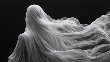 A ghostly figure emerges from flowing, translucent fabric, illuminated subtly against a dark backdrop, creating an ethereal and haunting effect.