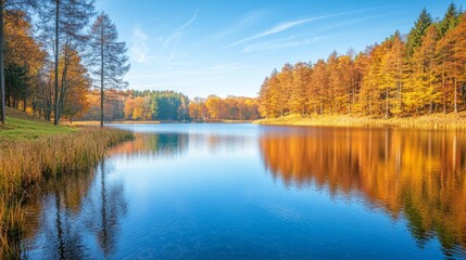 Obraz premium Tranquil lake with colorful autumn foliage reflected in the water.