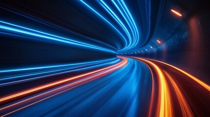 A futuristic tunnel illuminated by dynamic blue and orange lights, representing speed and technology with a sense of movement and forward momentum.