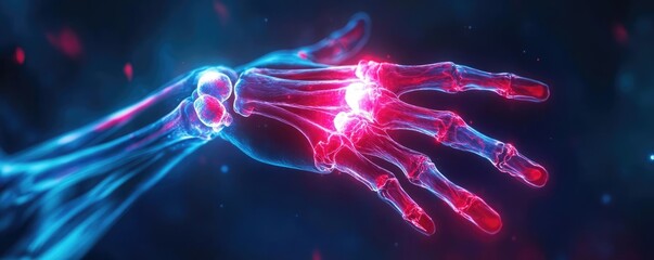 Obraz premium A stunning illustration of a glowing human hand, showcasing intricate skeletal details and vibrant colors in a futuristic design.