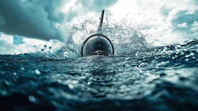 The periscope of a submarine breaks through the surface of the sea, creating splashes of water and highlighting the dynamic interaction with the ocean's surface