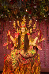 A beautiful idol of Maa Durga being worshipped at a pandal during Navratri. Navratri is biggest religious festival of Hinduism
