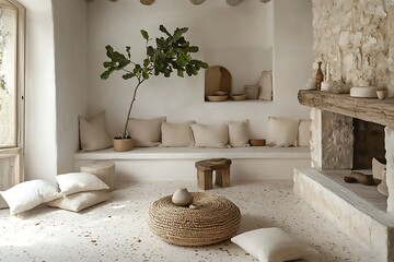 Minimalist living room with natural decor and seating.