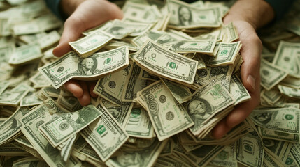 American hundred dollar paper money lies on the office table. Close-up of 100 American dollar bills.