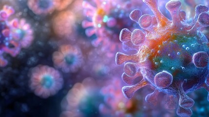 An artistic illustration showcasing a detailed and colorful representation of a virus structure, highlighting intricate forms and biological details.