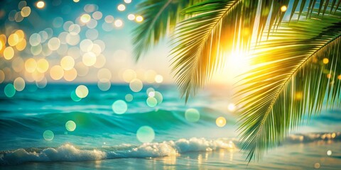 Soft bokeh lights, blurred sea views, and palm leaves combine to evoke a tranquil summer vibe, creating an