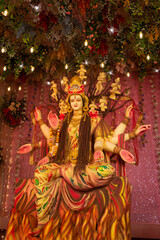 A beautiful idol of Maa Durga being worshipped at a pandal during Navratri. Navratri is biggest religious festival of Hinduism