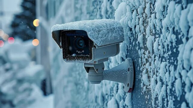 A security camera is nestled in thick snow, observing a lively city street illuminated by evening lights
